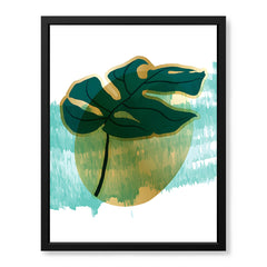 Green Tropical Leaves Over White & Hazel Blue Background | Abstract Floral Artwork #00109
