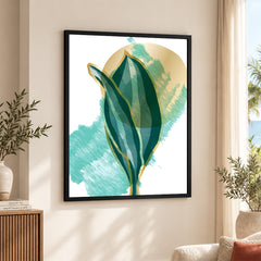 Green Tropical Leaves Over White & Hazel Blue Background | Abstract Floral Artwork #00110