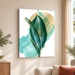Green Tropical Leaves Over White & Hazel Blue Background | Abstract Floral Artwork #00110