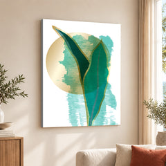 Green Tropical Leaves Over White & Hazel Blue Background | Abstract Floral Artwork #00111