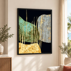 Sea Green Grey & Gold Metallic Design On Blue Background | Abstract Office Artwork #0013