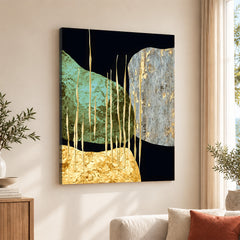 Sea Green Grey & Gold Metallic Design On Blue Background | Abstract Office Artwork #0013