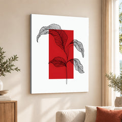Black Leaves Abstract Design Over Red & White Background | Abstract Office Artwork #00130