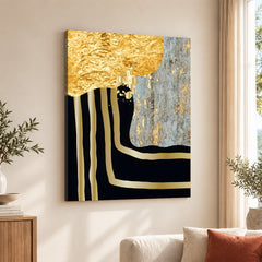Grey & Gold Metallic Design On Blue Background | Abstract Office Artwork #0014