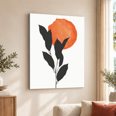 Grey Tropical Leaves With Orange Moon Shape | Abstract Floral Artwork #0015