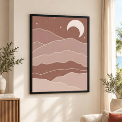 Brown & Beige Abstract Mountains Portrait With White Moon | Abstract Office Artwork #00155