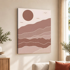 Brown & Beige Abstract Mountains Portrait With Full Moon | Abstract Office Artwork #00156