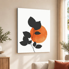 Grey Tropical Leaves With Orange Moon Shape | Abstract Floral Artwork #0016