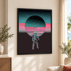 Astronaut In Front Of Moon With Neon Pink & Green Background | Abstract Space Artwork #00163