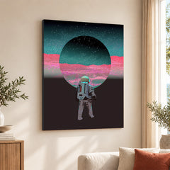 Astronaut In Front Of Moon With Neon Pink & Green Background | Abstract Space Artwork #00163