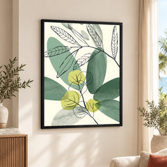 Green & Black Tropical Leaves Art Over White Background | Abstract Floral Artwork #00166
