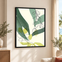 Green & Black Tropical Leaves Art Over White Background | Abstract Floral Artwork #00168