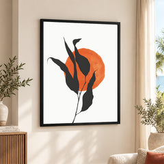 Grey Tropical Leaves With Orange Moon Shape | Abstract Floral Artwork #0017