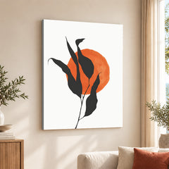 Grey Tropical Leaves With Orange Moon Shape | Abstract Floral Artwork #0017