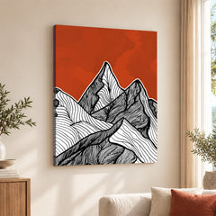 Black & White Mountain Design Over Red Background | Abstract Office Artwork #00180
