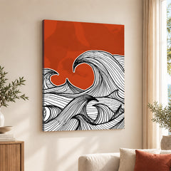 Black & White Waves Design Over Red Background | Abstract Office Artwork #00181