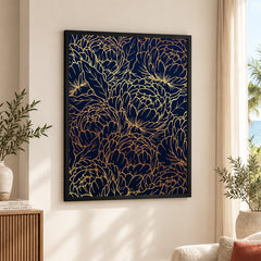 Beautiful Golden Floral Design Over Blue Background | Abstract Floral Artwork #00182