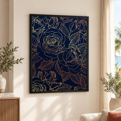 Beautiful Golden Floral Design Over Blue Background | Abstract Floral Artwork #00184