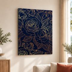 Beautiful Golden Floral Design Over Blue Background | Abstract Floral Artwork #00184