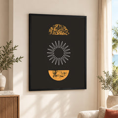 White Line Art With Gold Moon Design Over Black Background | Abstract Fashion Artwork #00192