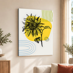 Black Flower Over Yellow & White Background | Abstract Floral Artwork #00198