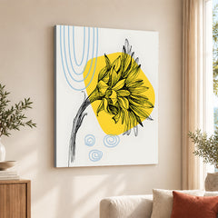 Black Flower Over Yellow & White Background | Abstract Floral Artwork #00199