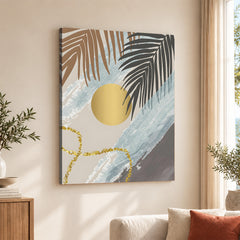 Black & Grey Tropical Leaves Over Gold Moon | Abstract Floral Artwork #00200