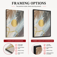 Black & Grey Tropical Leaves Over Gold Moon | Abstract Floral Artwork #00200