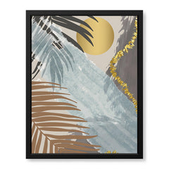 Black & Grey Tropical Leaves Over Gold Moon | Abstract Floral Artwork #00201