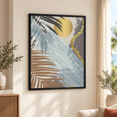 Black & Grey Tropical Leaves Over Gold Moon | Abstract Floral Artwork #00201