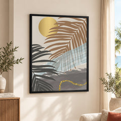 Black & Grey Tropical Leaves Over Gold Moon | Abstract Floral Artwork #00202