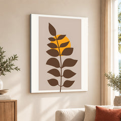 Beautiful Brown Tropical Leaves Over Gold Sun  | Abstract Floral Artwork #00203