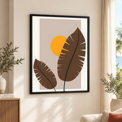 Beautiful Brown Tropical Leaves Over Gold Sun  | Abstract Floral Artwork #00206