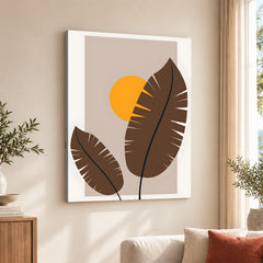 Beautiful Brown Tropical Leaves Over Gold Sun  | Abstract Floral Artwork #00206