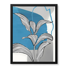 Black & White Tropical Leaves Over Blue & Grey Background  | Abstract Floral Artwork #00207