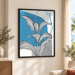 Black & White Tropical Leaves Over Blue & Grey Background  | Abstract Floral Artwork #00207