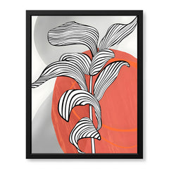 Black & White Tropical Leaves Over Orange & Grey Background  | Abstract Floral Artwork #00208
