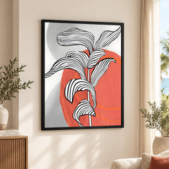 Black & White Tropical Leaves Over Orange & Grey Background  | Abstract Floral Artwork #00208
