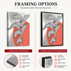 Black & White Tropical Leaves Over Orange & Grey Background  | Abstract Floral Artwork #00208