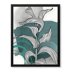 Black & White Tropical Leaves Over Green & Grey Background  | Abstract Floral Artwork #00209