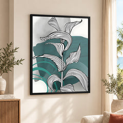 Black & White Tropical Leaves Over Green & Grey Background  | Abstract Floral Artwork #00209