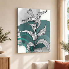 Black & White Tropical Leaves Over Green & Grey Background  | Abstract Floral Artwork #00209