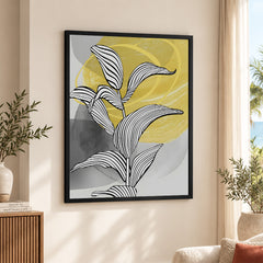 Black & White Tropical Leaves Over Yellow & Grey Background  | Abstract Floral Artwork #00210