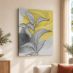 Black & White Tropical Leaves Over Yellow & Grey Background  | Abstract Floral Artwork #00210