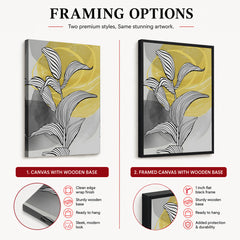 Black & White Tropical Leaves Over Yellow & Grey Background  | Abstract Floral Artwork #00210