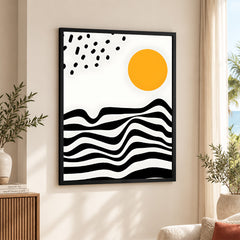 Black & White Waves Design With Gold Moon Over White Background  | Abstract Nature Artwork #00211