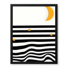 Black & White Waves Design With Gold Moon Over White Background  | Abstract Nature Artwork #00212
