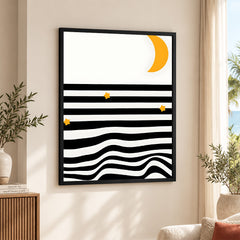 Black & White Waves Design With Gold Moon Over White Background  | Abstract Nature Artwork #00212