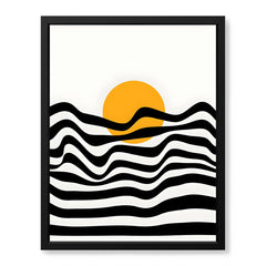 Black & White Waves Design With Gold Moon Over White Background  | Abstract Nature Artwork #00213
