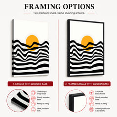 Black & White Waves Design With Gold Moon Over White Background  | Abstract Nature Artwork #00213